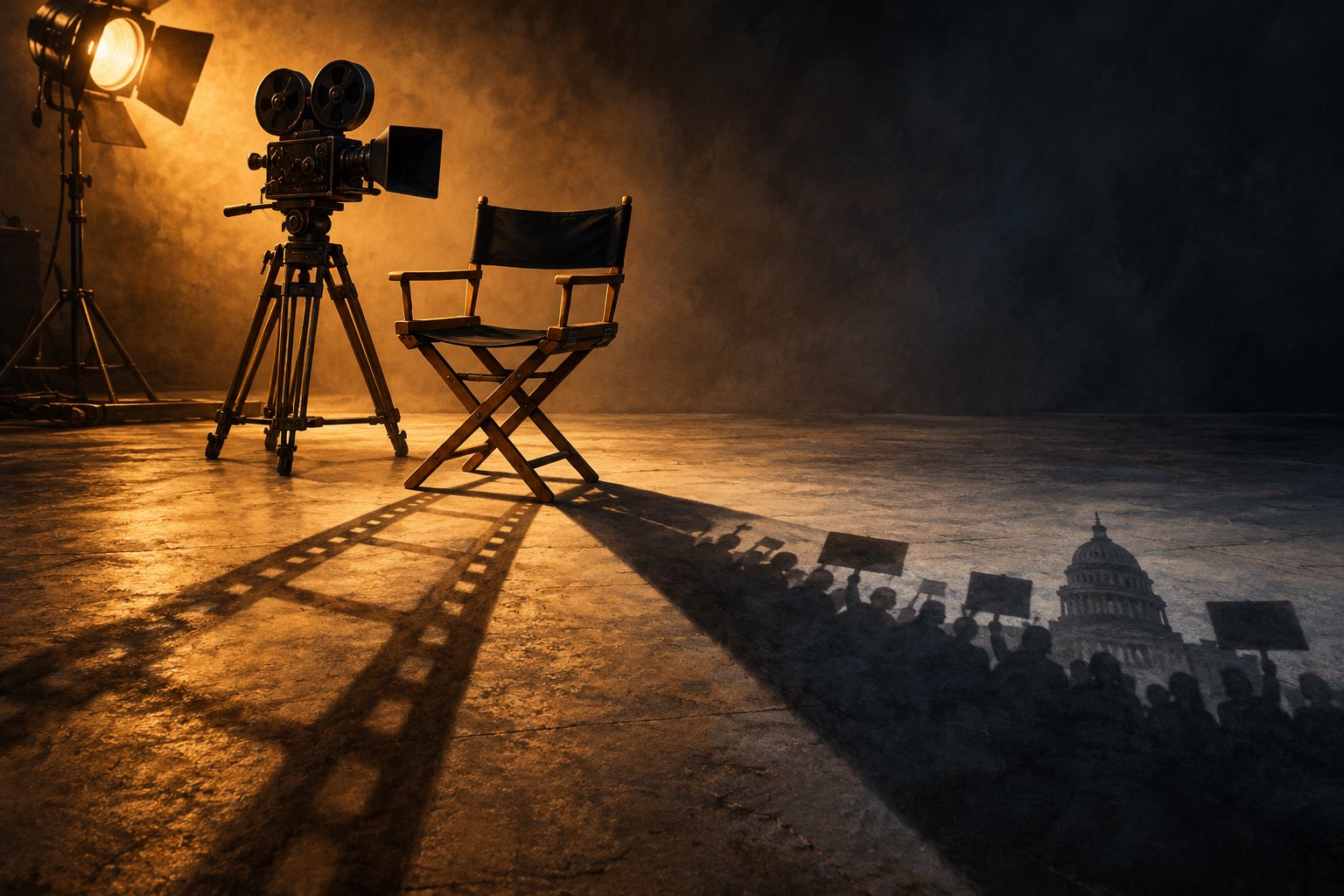 Conceptual illustration of an empty actor’s chair beside a movie camera, with diverging shadows across a studio floor.