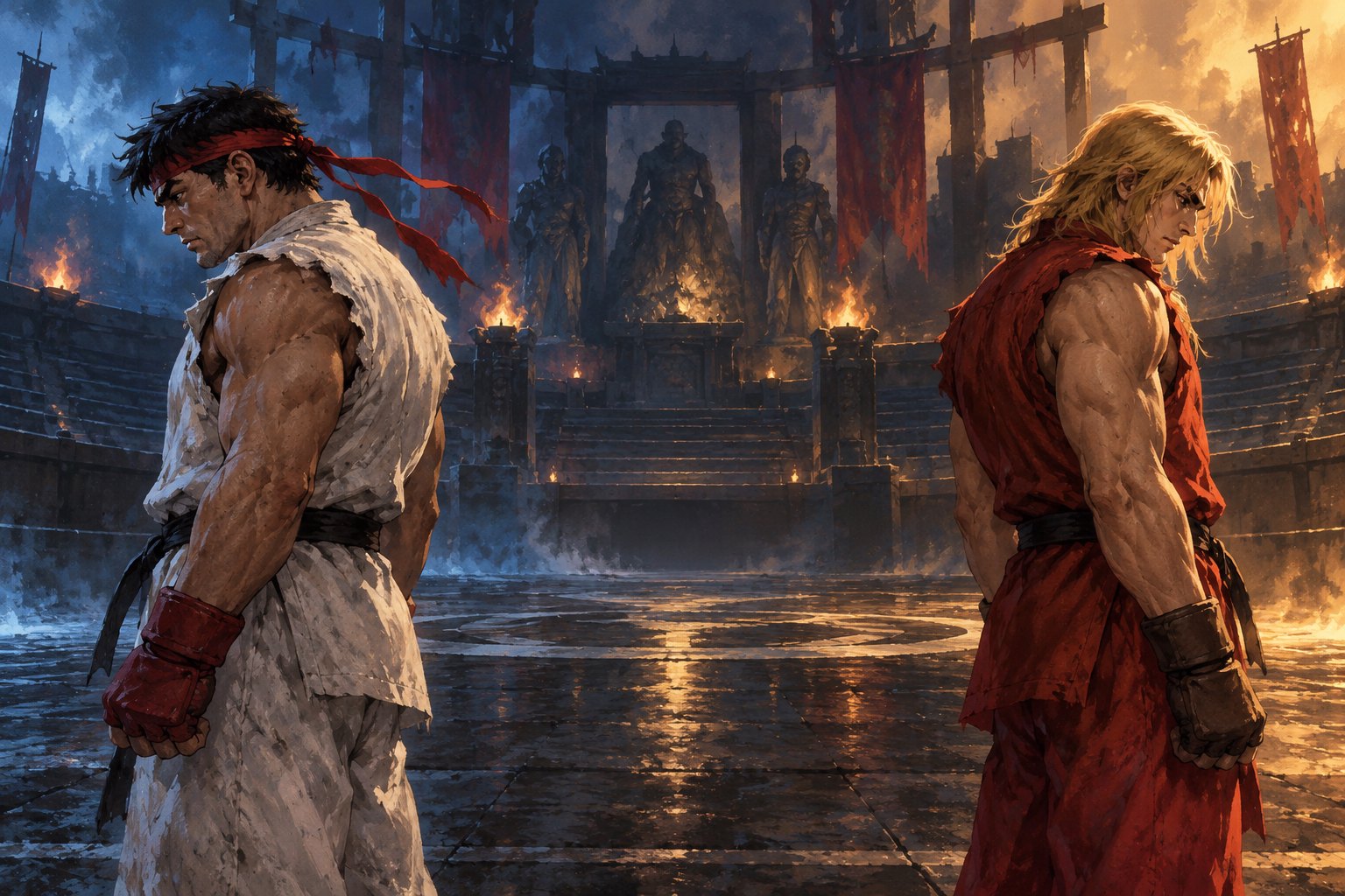 Painterly illustration of Ryu and Ken facing away from each other in an arena divided by blue and amber light.