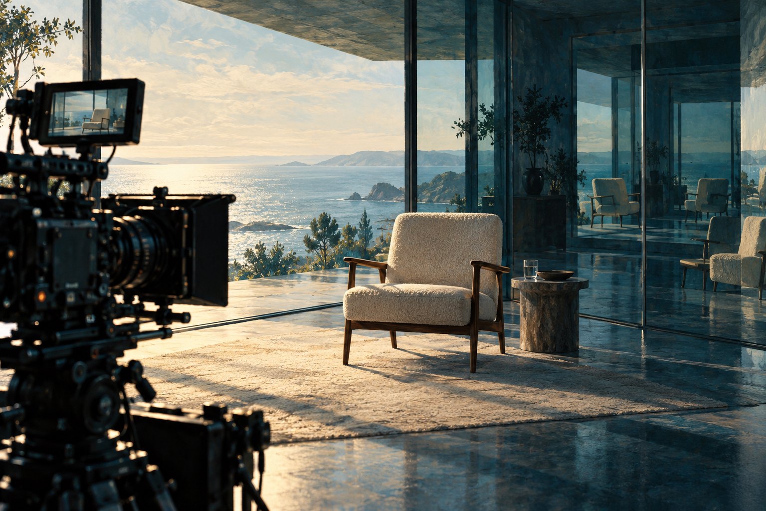 Conceptual illustration of a cinema camera facing an empty chair reflected in the glass walls of a coastal room.