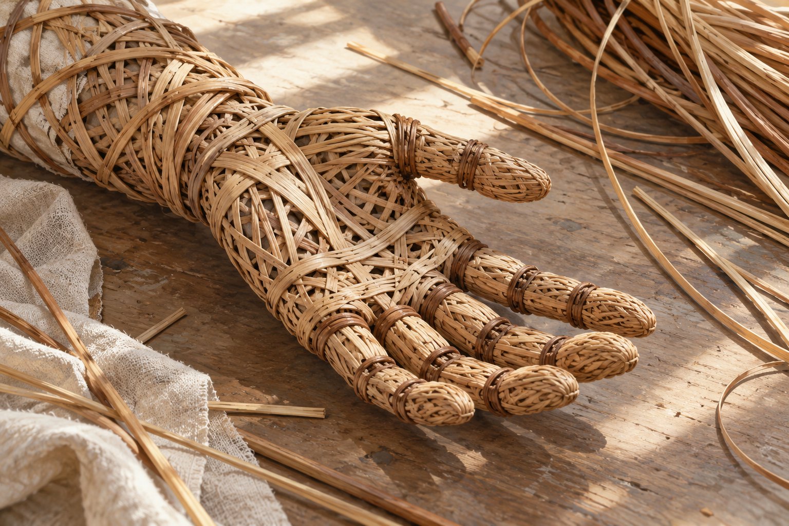 Concept illustration of an imagined woven wicker hand resting palm upward beside loose reeds on a workshop table.