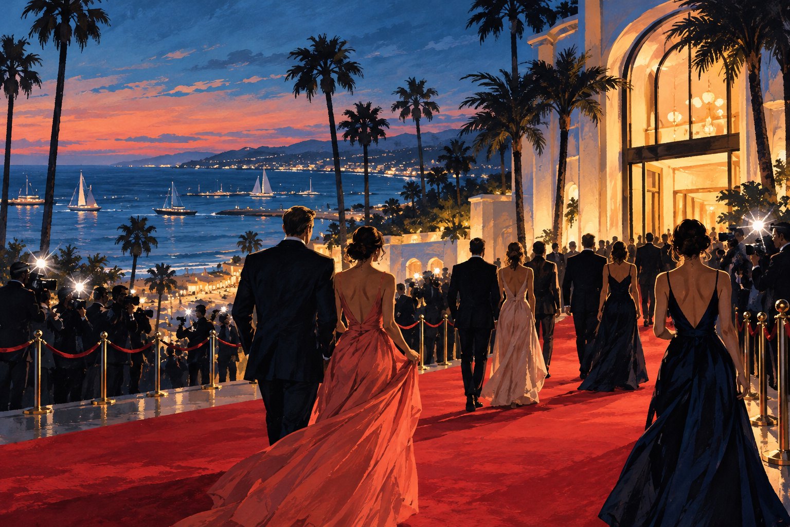 Editorial illustration of formally dressed guests approaching a coastal cinema along a red carpet at dusk.