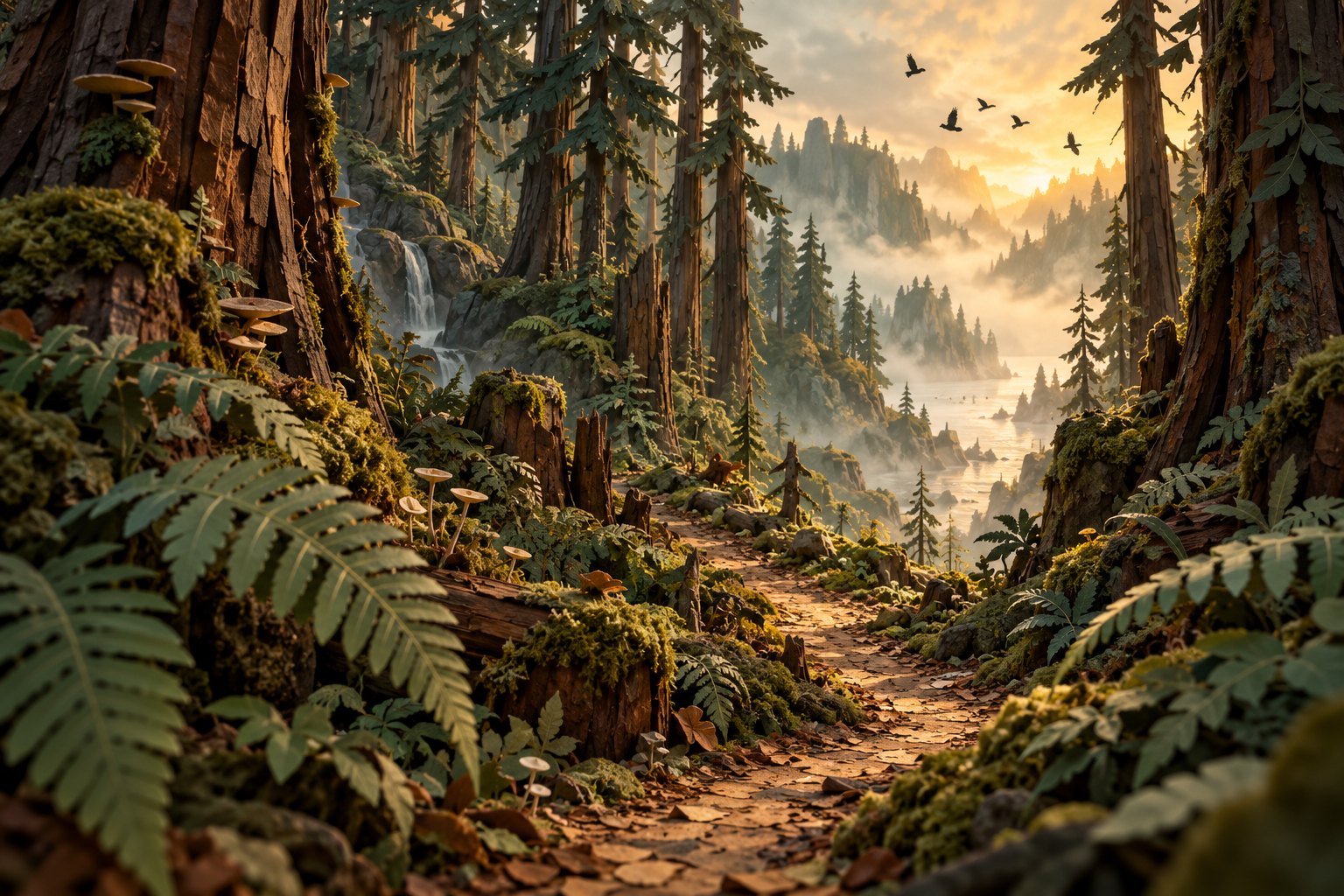Conceptual illustration of a miniature forest with textured trees, sculpted ferns, a misty path, and birds overhead.
