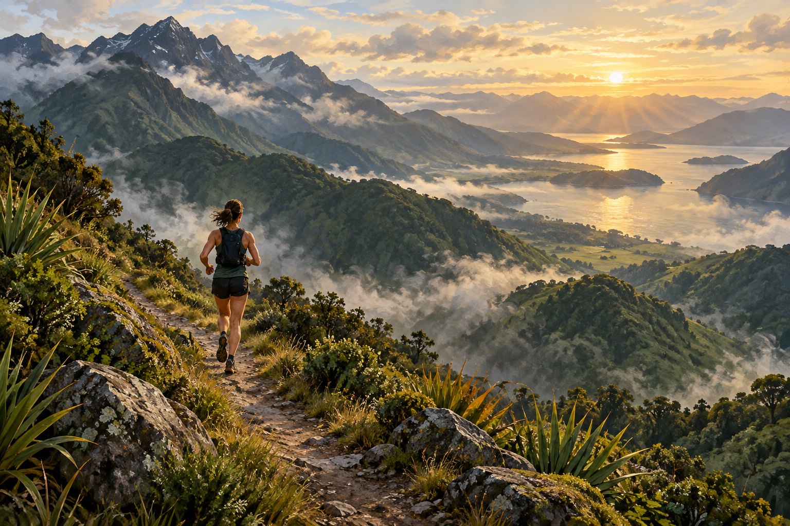 Painterly illustration of an anonymous female trail runner on a winding path through misty green mountains.