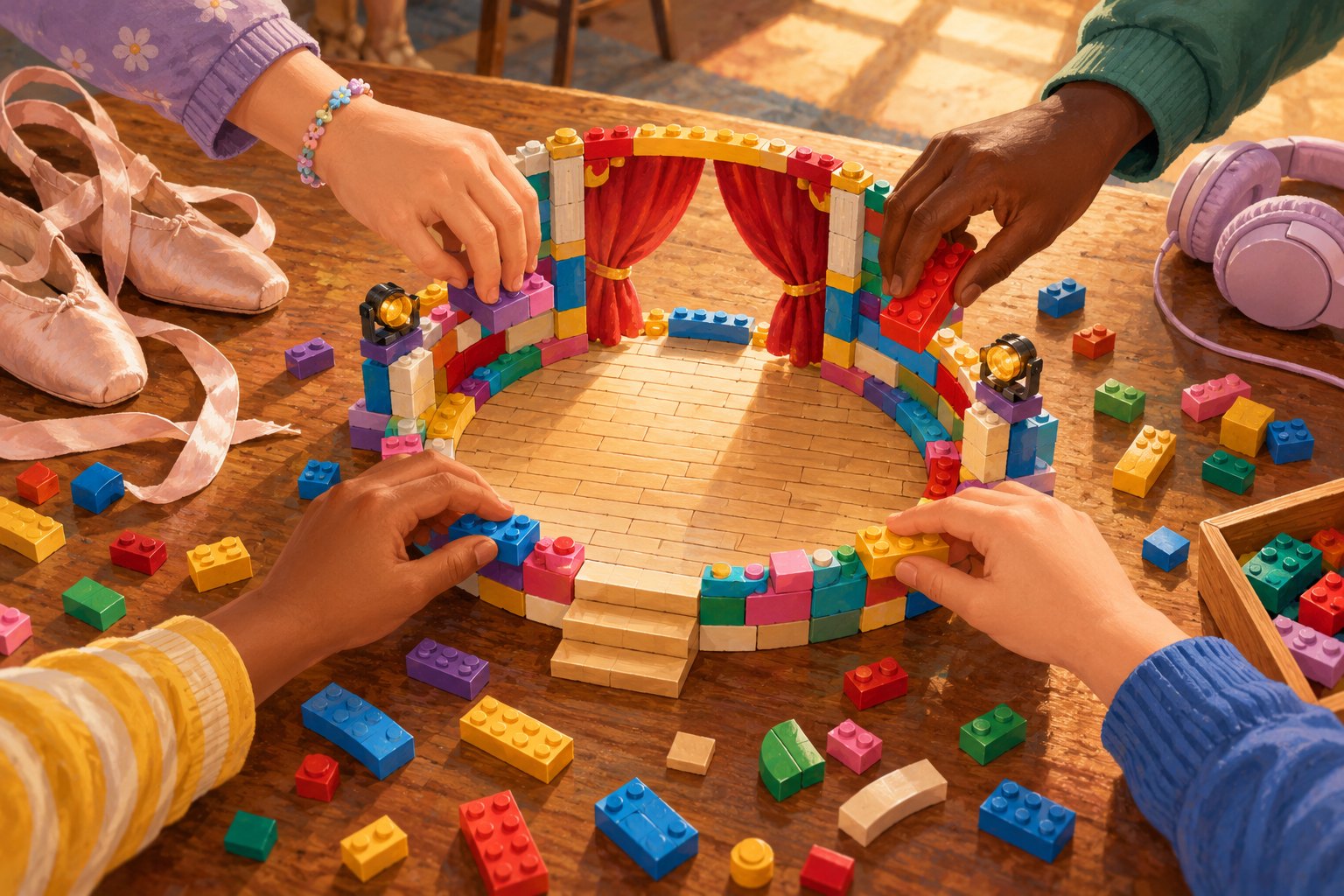 Conceptual illustration of four children's hands building a circular toy-brick stage beside dance shoes and headphones.