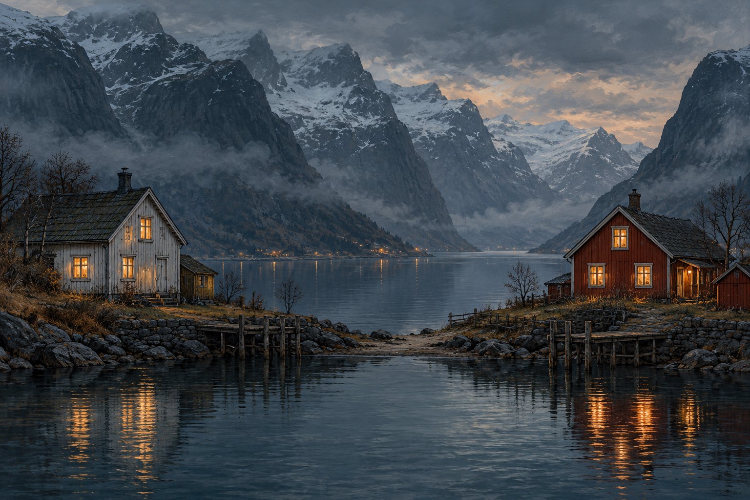 Conceptual illustration of warmly lit wooden homes beside a Norwegian fjord beneath dark, snow-covered mountains.
