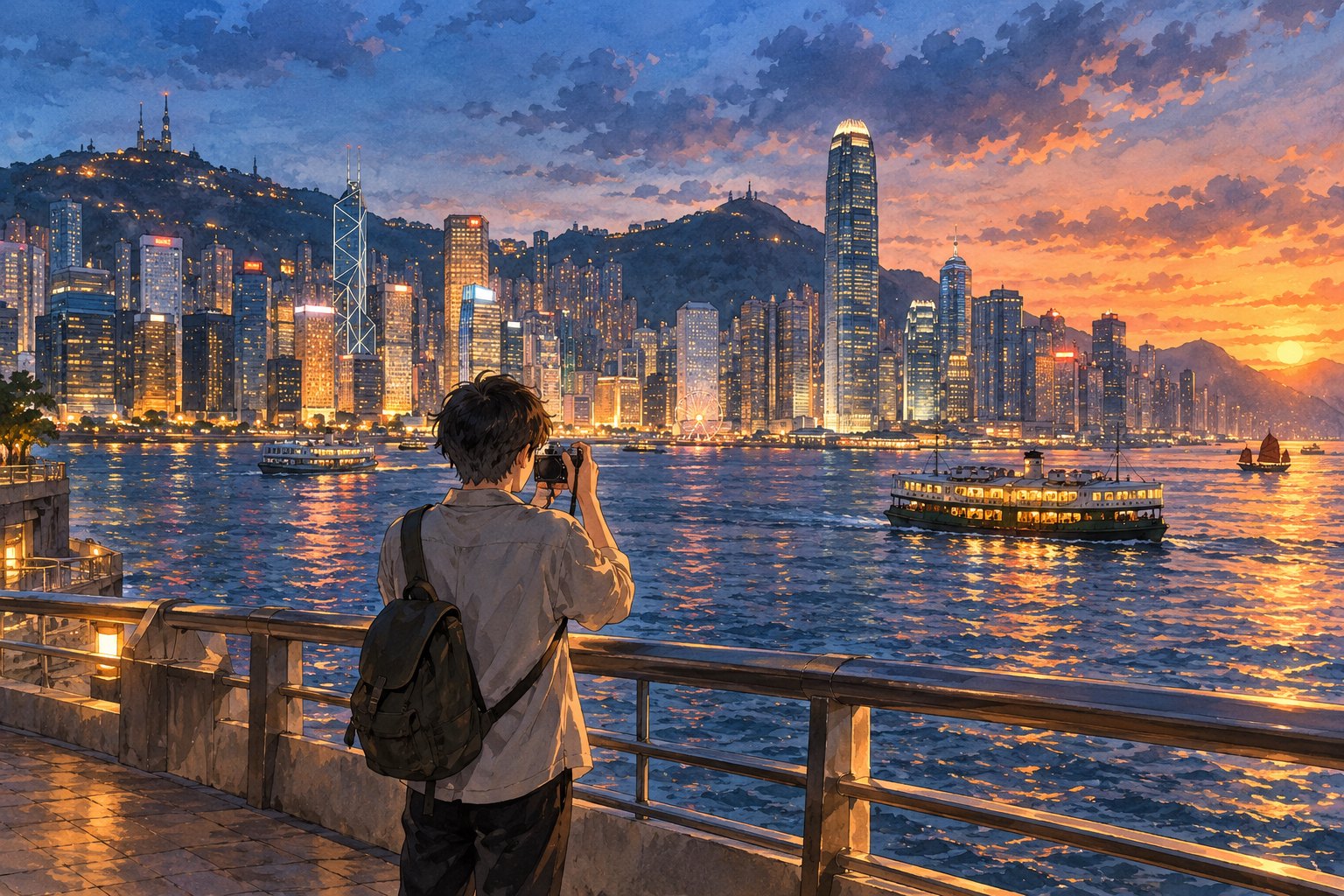电影旅游主题插画：影迷在黄昏的香港海滨举起相机，远处是渡轮与亮灯的城市楼宇
