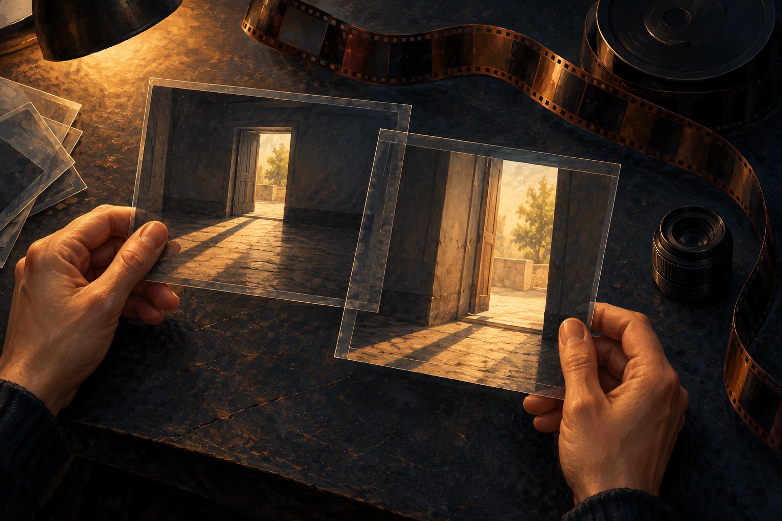Conceptual illustration of hands comparing two differently framed views of a sunlit doorway above an editing desk.