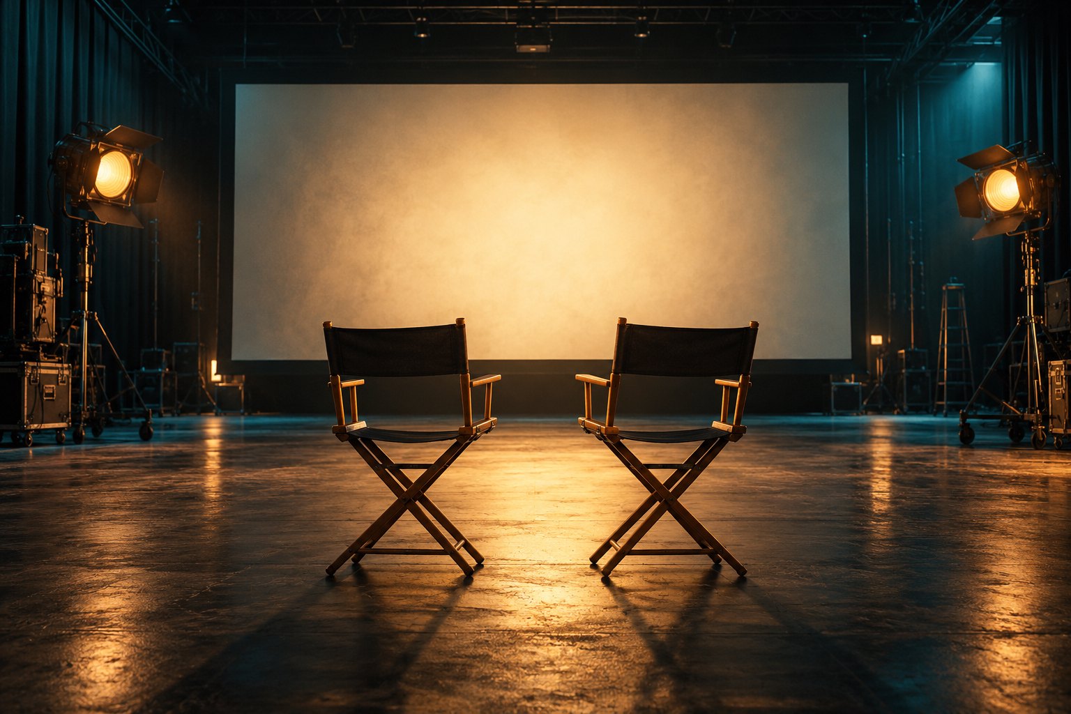 Two empty director chairs face a blank illuminated screen on a soundstage lit in amber and teal.