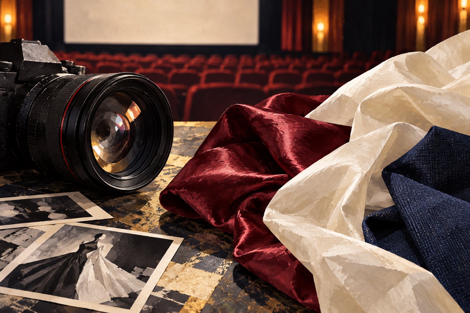 Conceptual illustration of a camera beside burgundy, ivory, and navy fabrics with an empty movie theater behind them.
