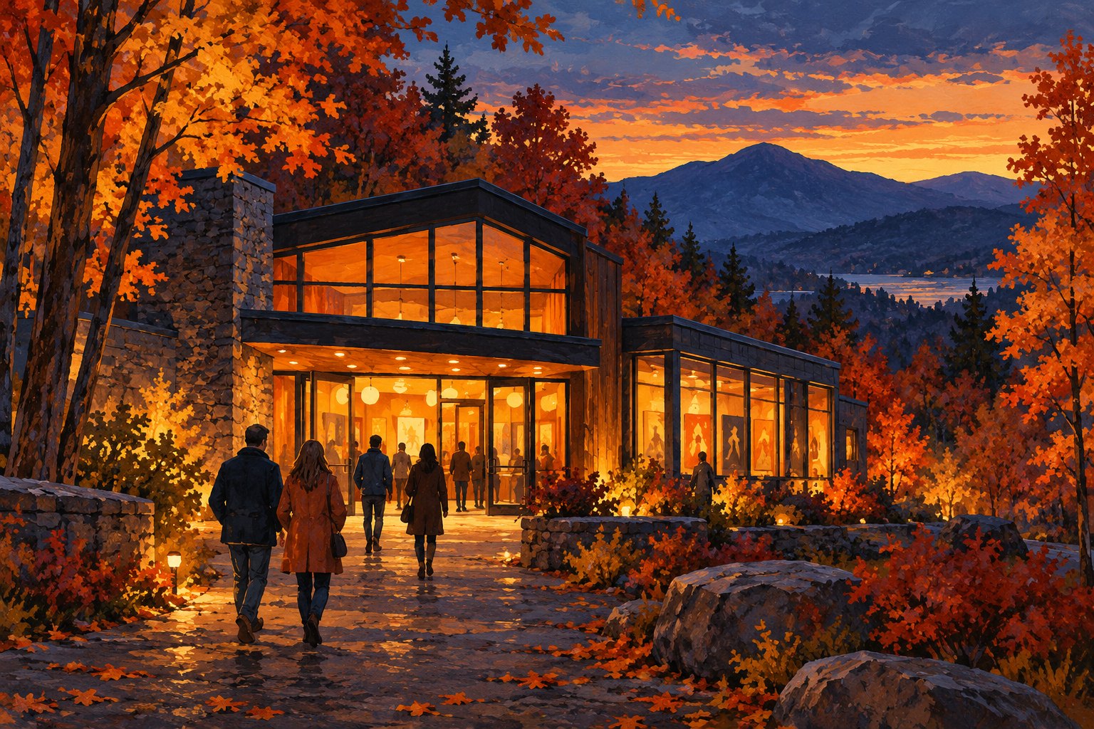Editorial illustration of moviegoers approaching a warmly lit cinema amid autumn trees and distant mountains at dusk.