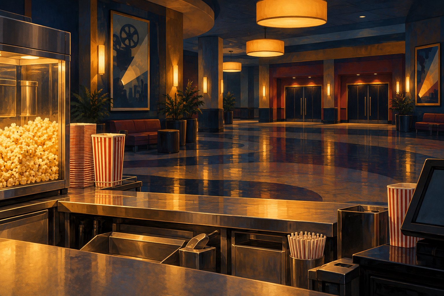 Conceptual illustration of a quiet movie theater lobby viewed from behind an empty concession counter.