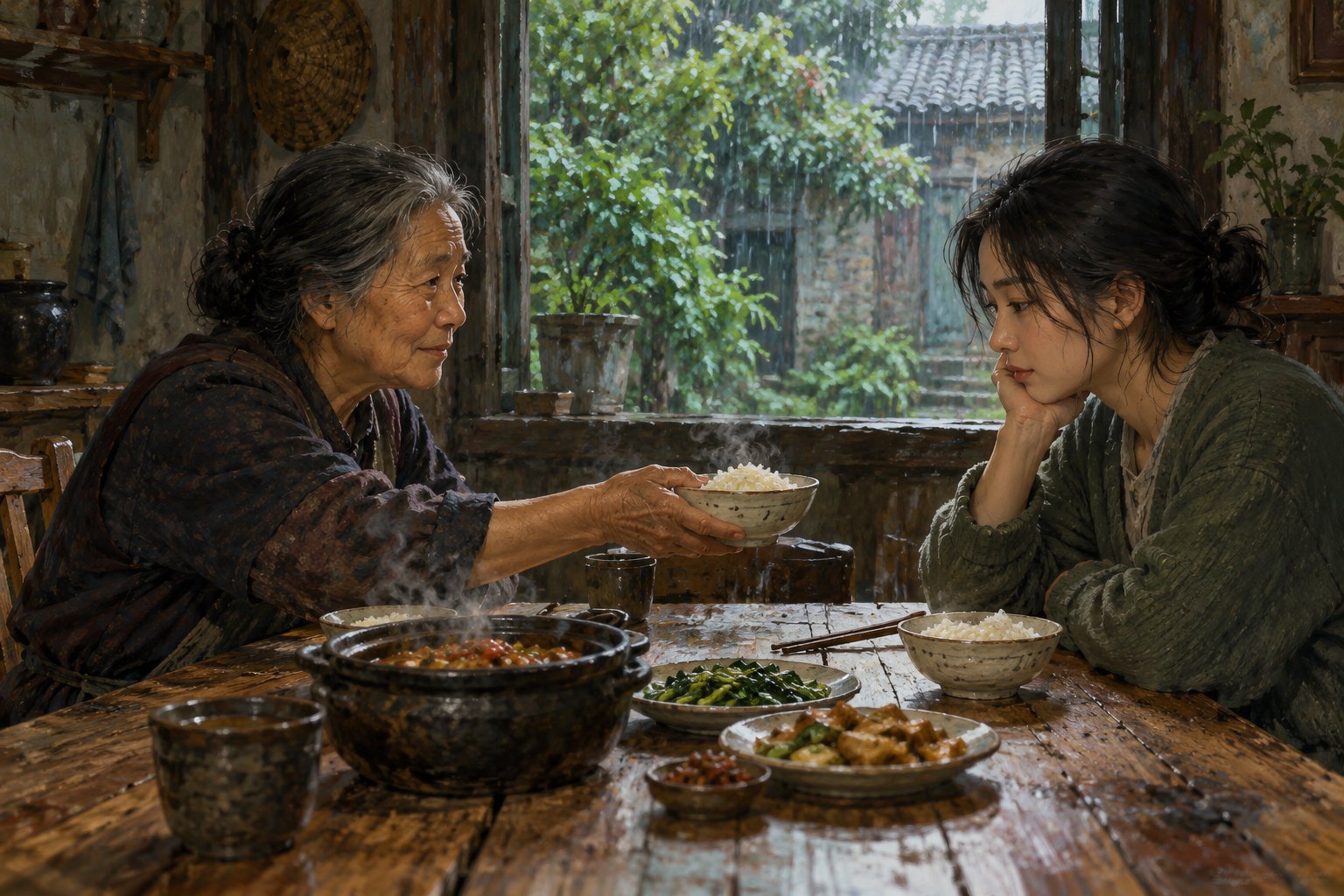 概念插画:雨天的乡居饭桌旁,长辈向年轻人递出一碗米饭,以日常动作表现人物关系,非参展影片剧照