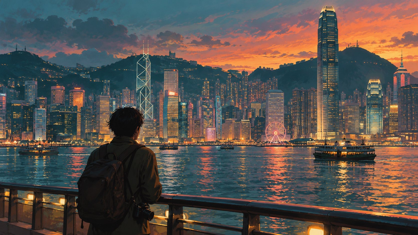 旅人站在暮色中的香港風格海濱，凝望層疊樓宇與遠山的電影旅遊概念插畫