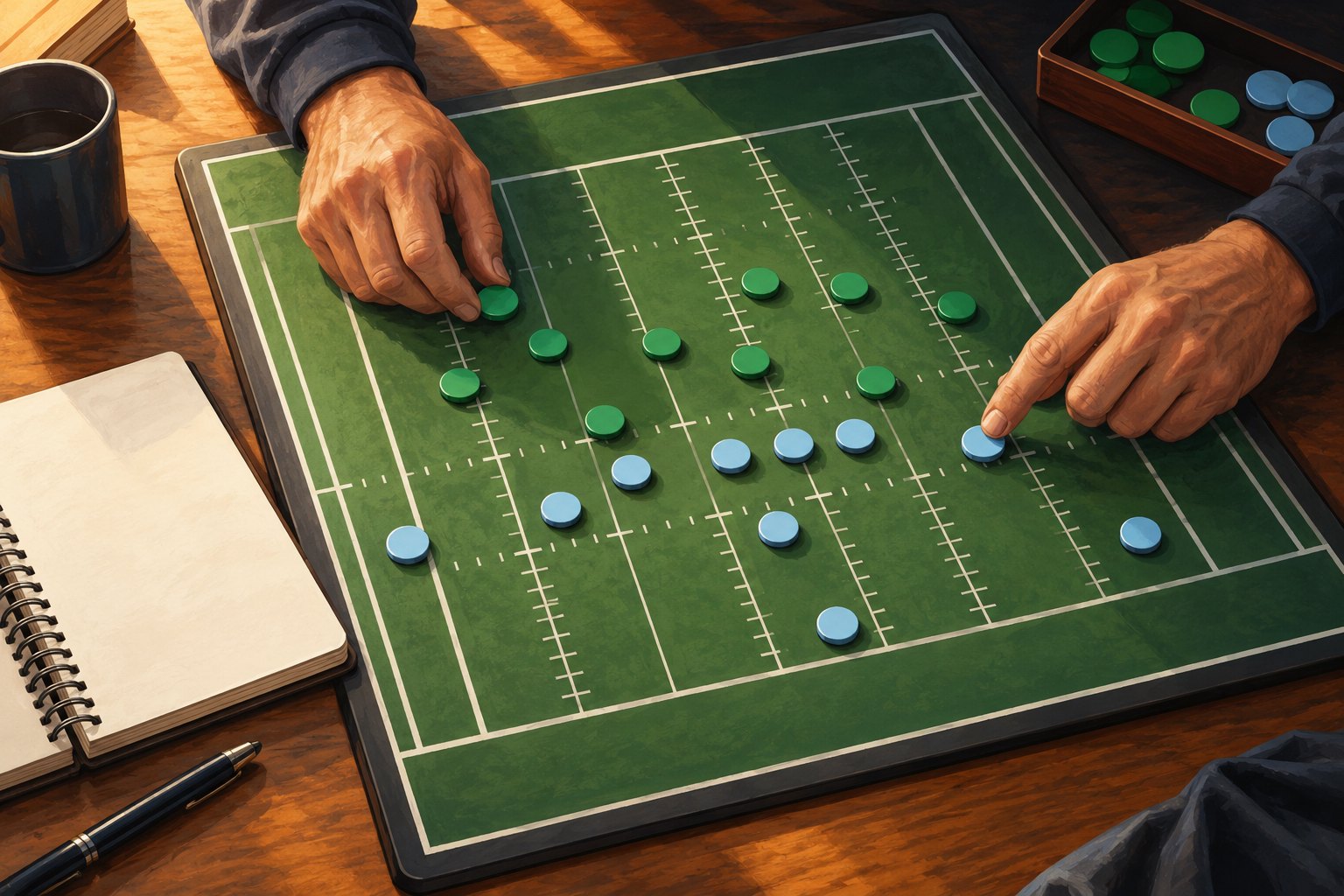 Illustration of a coach arranging green and blue magnetic pieces on a miniature football field beside a blank notebook.