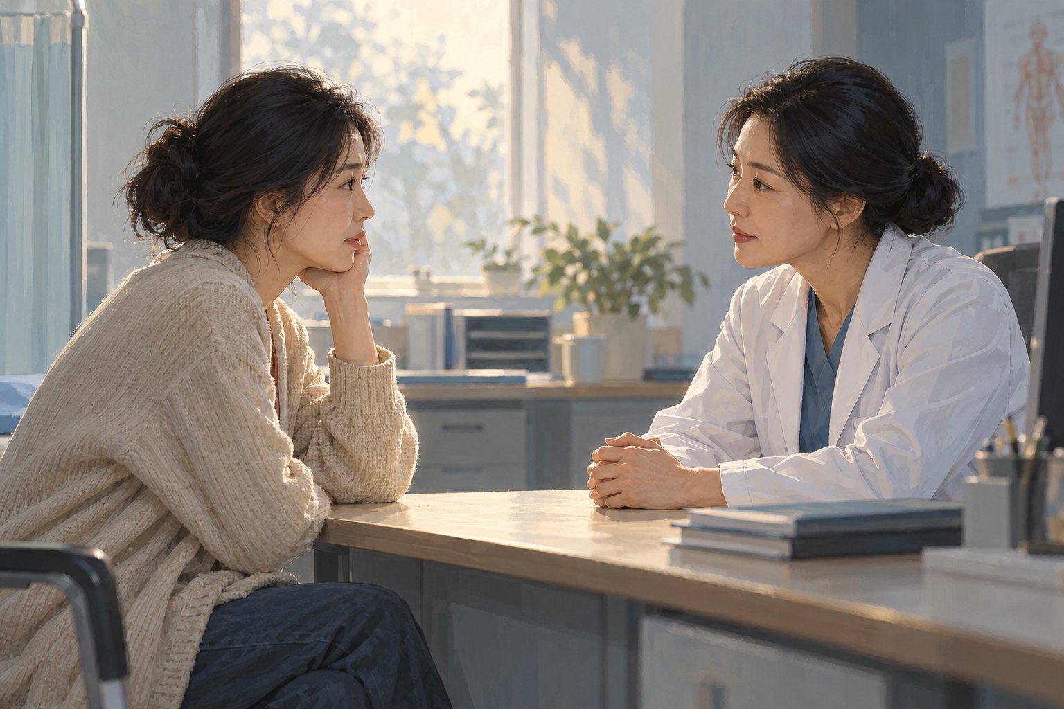 概念插画:女性医生与成年女性患者在诊室中平等对坐、专注倾听