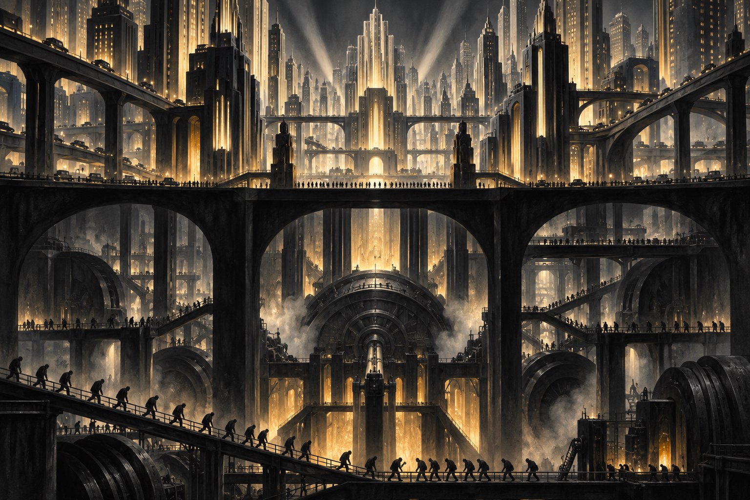 Expressionist illustration of towering futuristic buildings above workers descending into an underground industrial city.