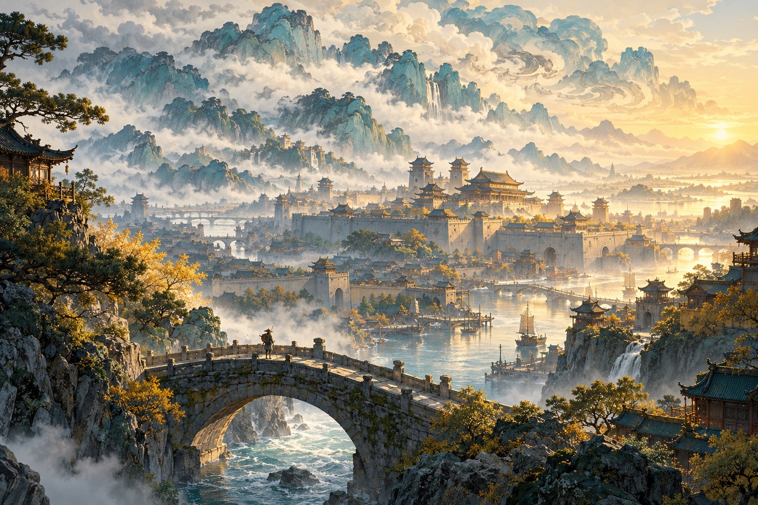 古代风格城郭、河流与水墨远山交织，石桥上的旅人置身辽阔天地的概念插画