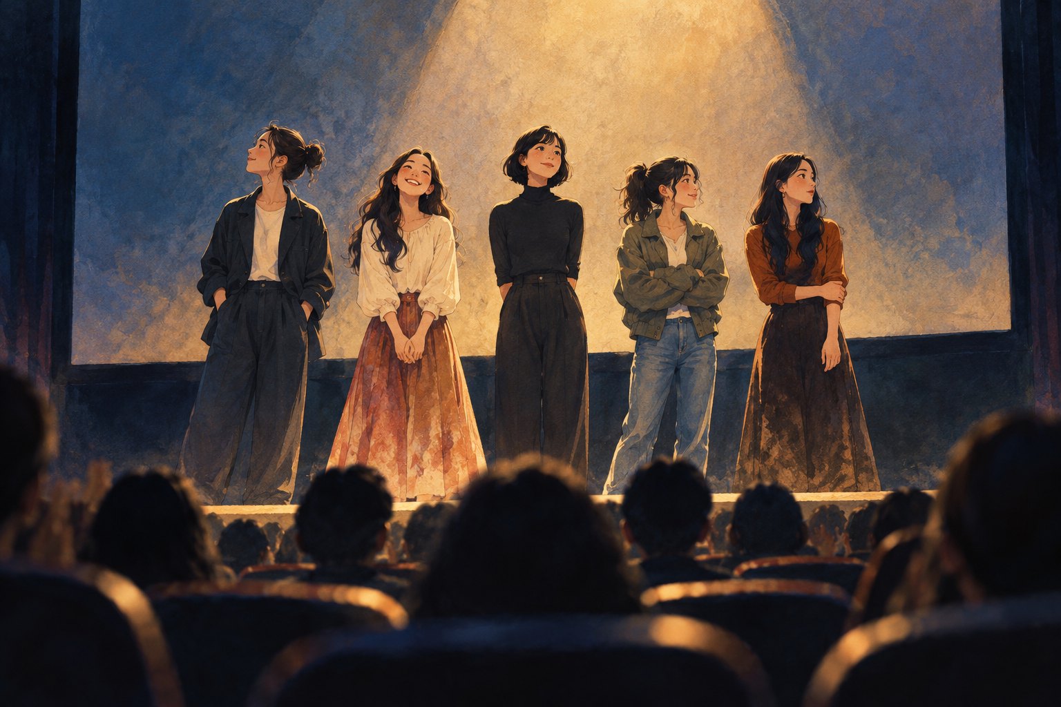 五名女孩并肩站在暖色灯光下，前景为观众背影的主题插画，非路演现场
