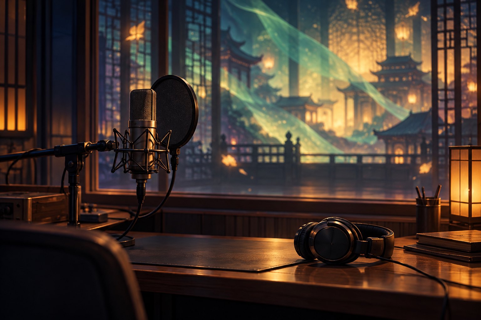 An illustrated studio microphone and headphones face a glowing palace-inspired backdrop in an empty recording room.