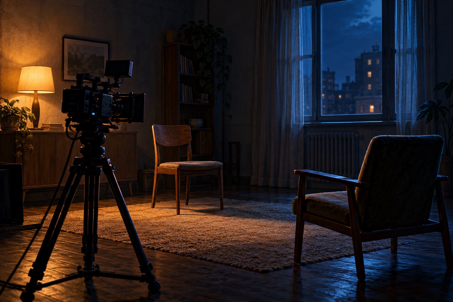 Conceptual illustration of a cinema camera facing two empty chairs in a room lit by a warm lamp and blue evening light.