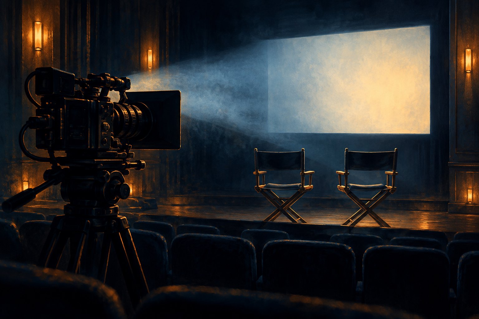 Conceptual illustration of a cinema camera and two empty director chairs facing an illuminated screen in a dark theater.