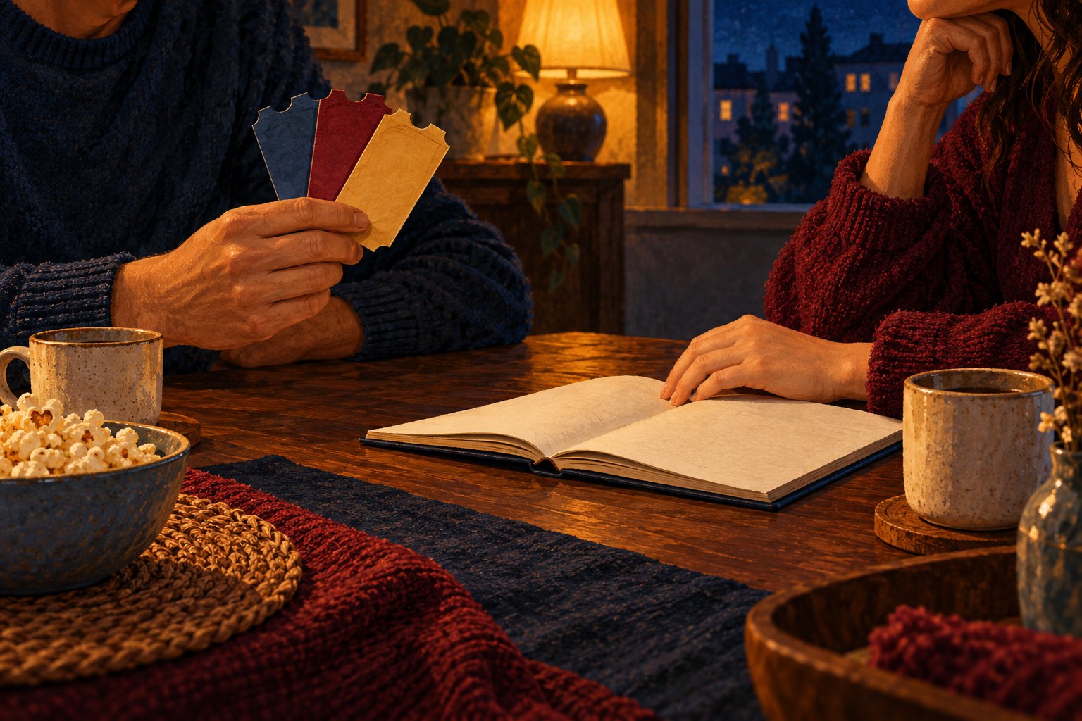 Editorial illustration of two adults considering blank ticket-shaped cards beside an open notebook at a table.