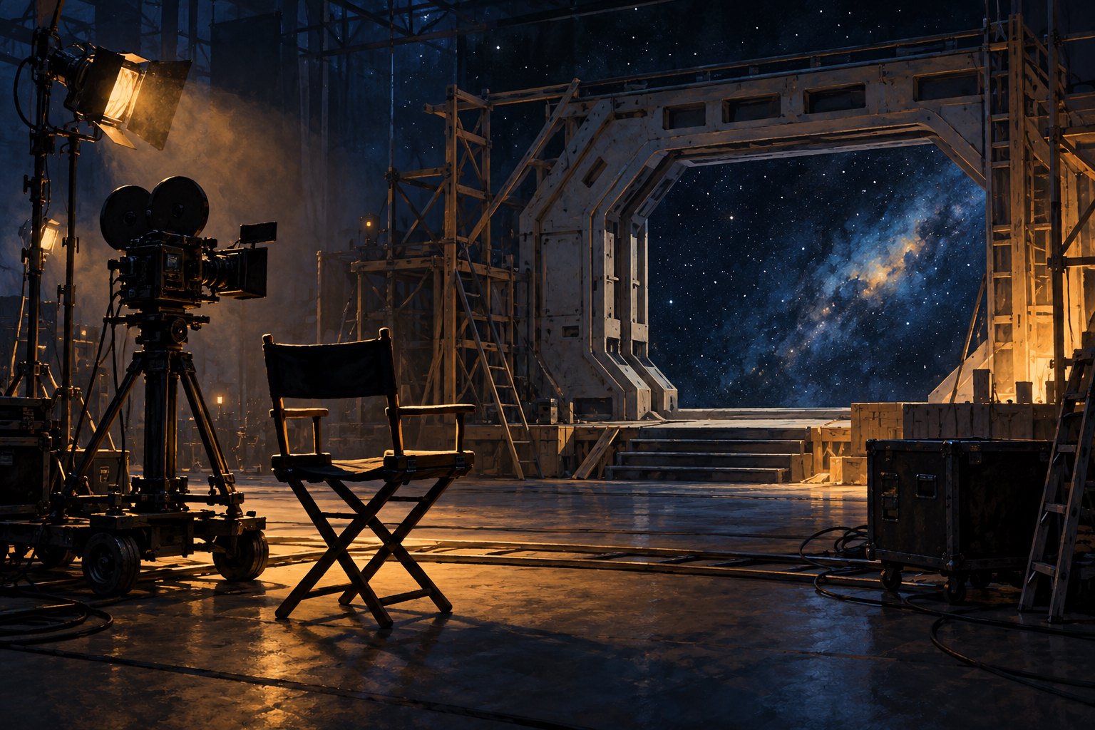 Conceptual illustration of an empty director’s chair and film camera beside an unfinished spacecraft doorway overlooking stars.