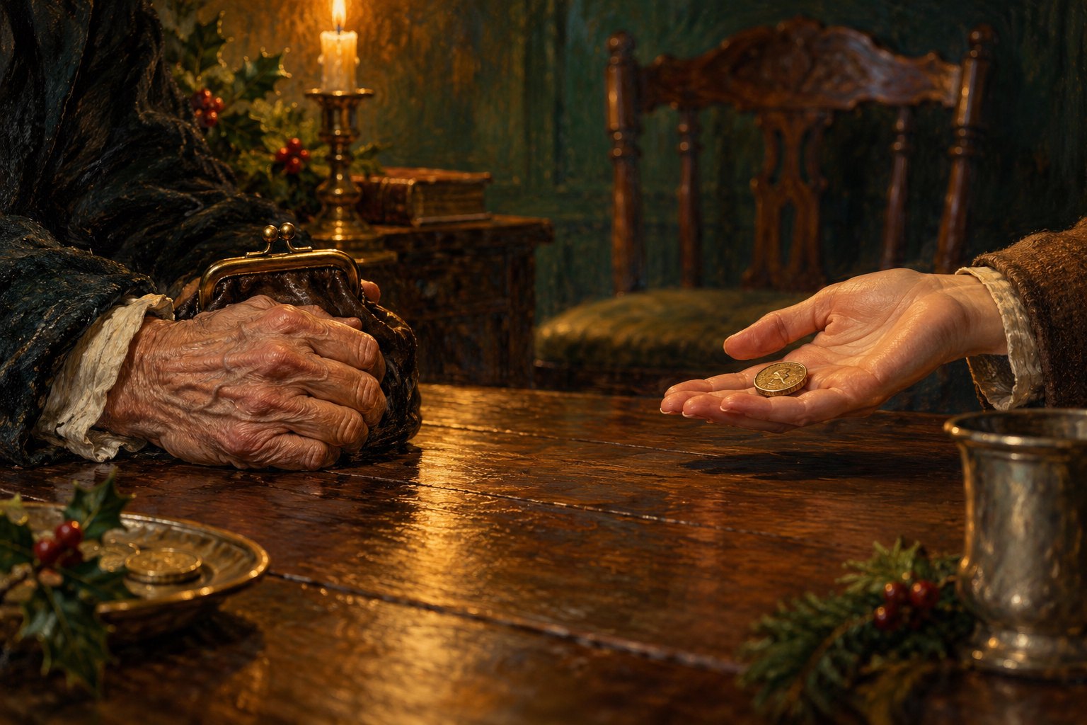 One hand guards a closed coin purse while another offers a coin across a candlelit Victorian table.