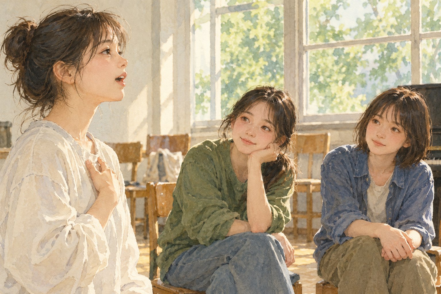 明亮排练室里,一名女孩尝试开口歌唱,两位伙伴安静倾听的主题插画,非电影剧照