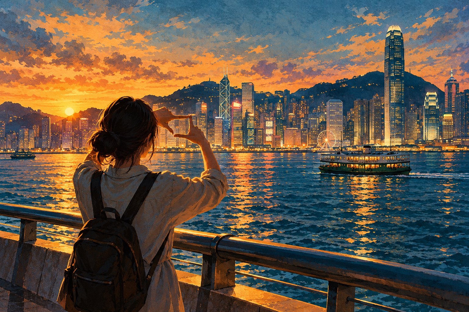 香港海港黄昏主题插画：旅人在海滨用手比出取景框，眺望渡轮与城市天际线