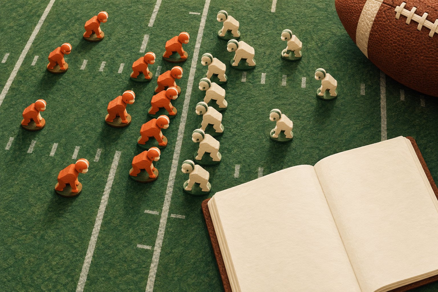Conceptual illustration of orange and cream football player pieces arranged on a green tabletop field beside a football and blank notebook.
