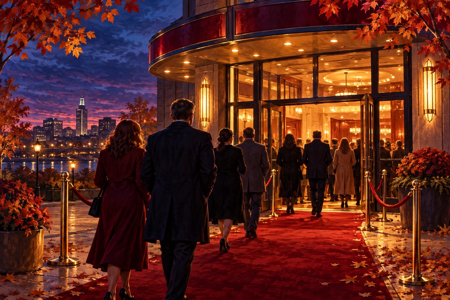 Conceptual illustration of moviegoers approaching a warmly lit Midwestern cinema along a red carpet at dusk.