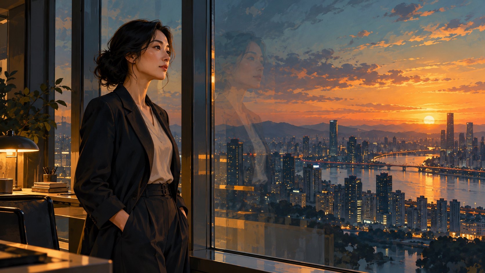 原創概念插畫：一名女性站在辦公室落地窗前，望向夕陽下的城市與玻璃中的倒影