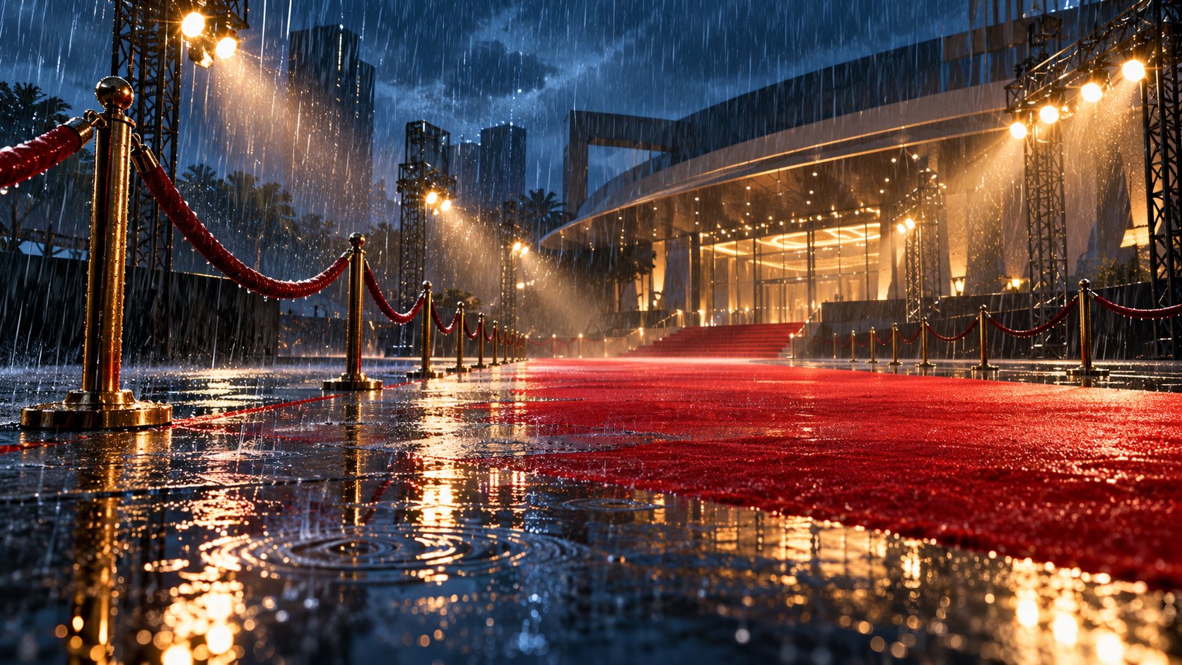 雨水落在空蕩紅毯上，積水映出會場燈光的情境示意圖