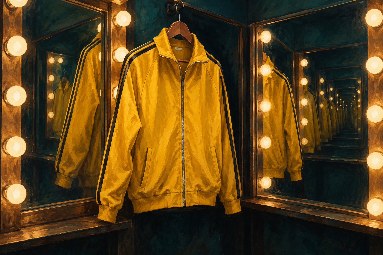 Conceptual illustration of a yellow tracksuit jacket reflected in dressing-room mirrors surrounded by warm bulbs.
