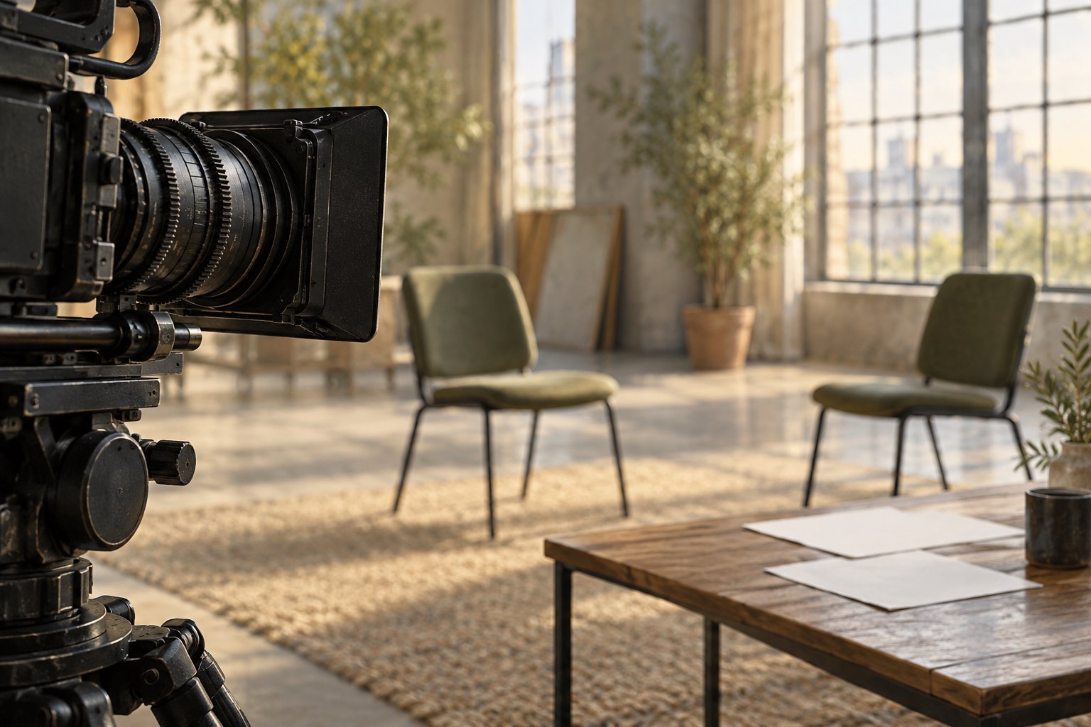 Conceptual illustration of a cinema camera overlooking two empty rehearsal chairs and blank pages in a sunlit room.