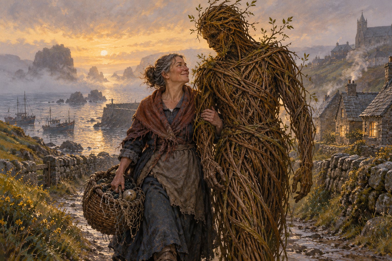 Symbolic illustration of a fisherwoman beside a tall woven willow companion overlooking a seaside village at sunset.
