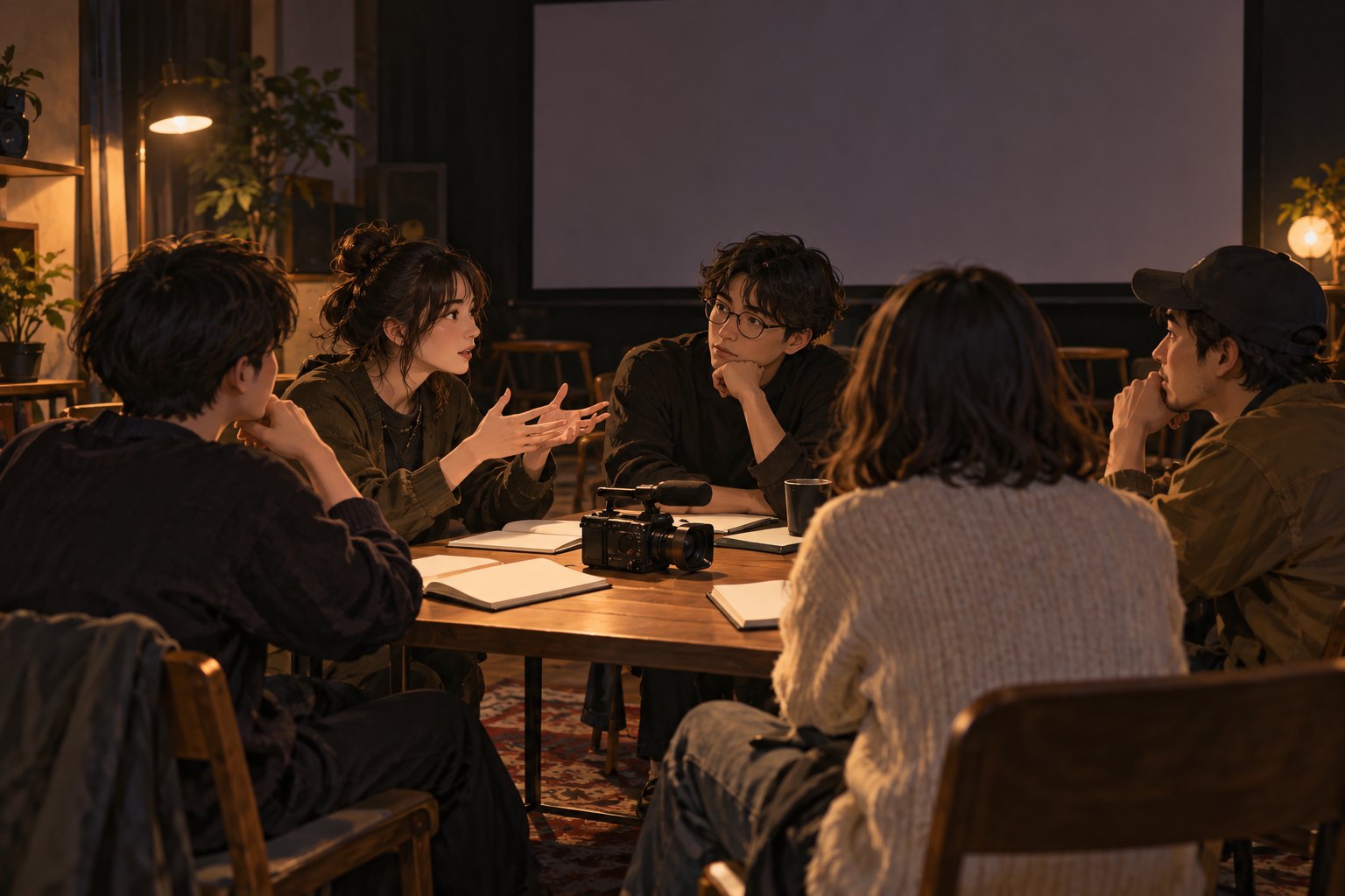 年轻创作者与观众围坐交流电影，桌上摆着摄影机和空白笔记本的概念插画