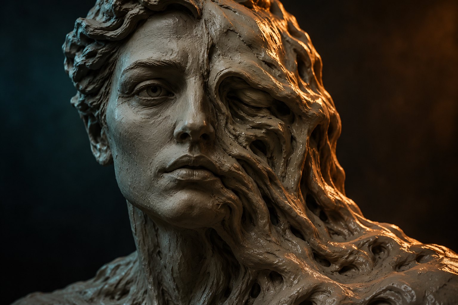 Conceptual clay portrait with one side of the face dissolving into folds under blue and amber light.