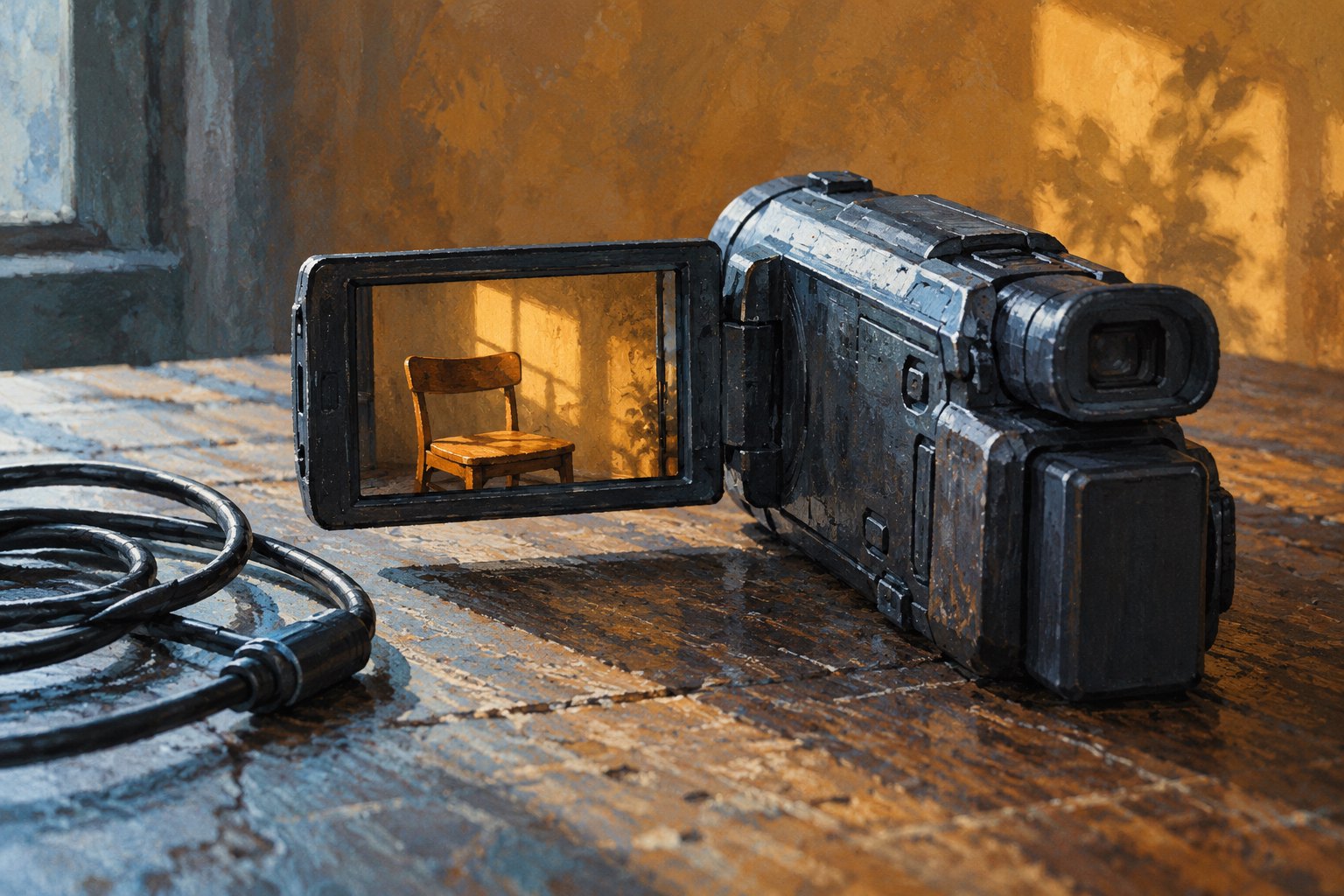 Conceptual illustration of a camcorder on a textured table, with an empty wooden chair visible on its screen.