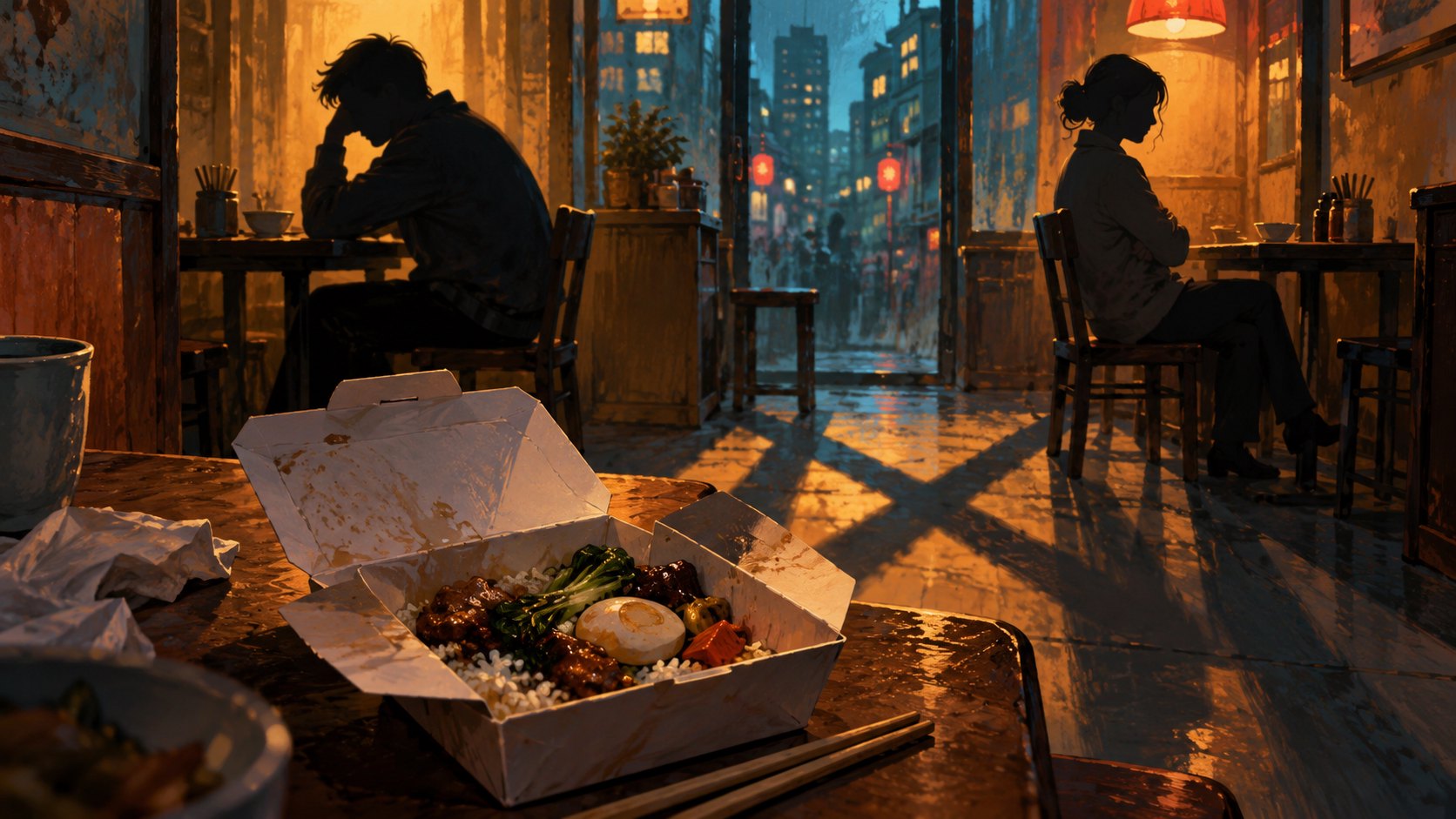 概念插畫:外帶餐盒置於餐桌中央,後方背向而立的人影與交錯陰影呈現衝突氣氛,非電影劇照