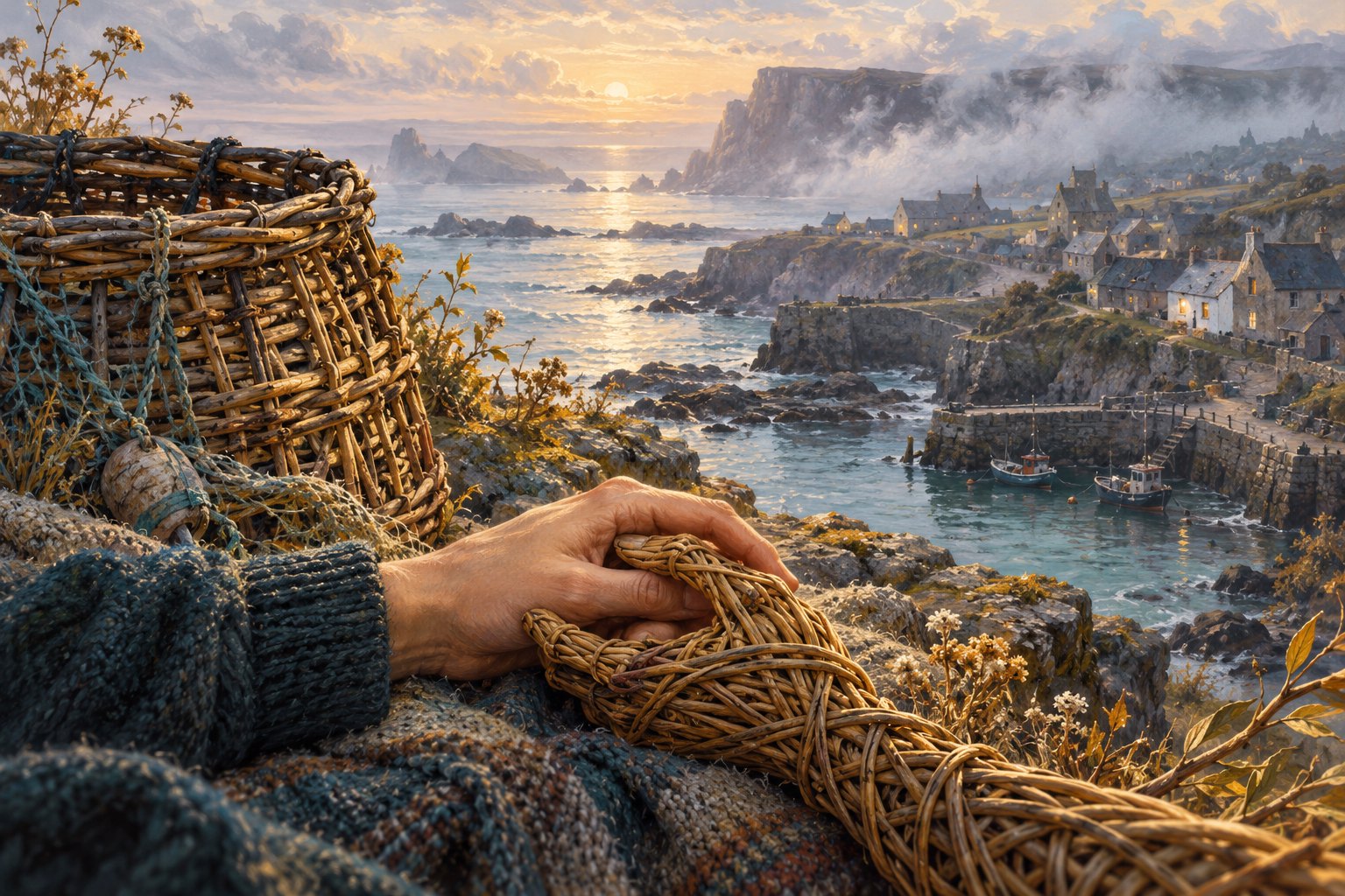 Conceptual illustration of human and woven willow hands intertwined beside a fishing basket overlooking a misty coastal village.