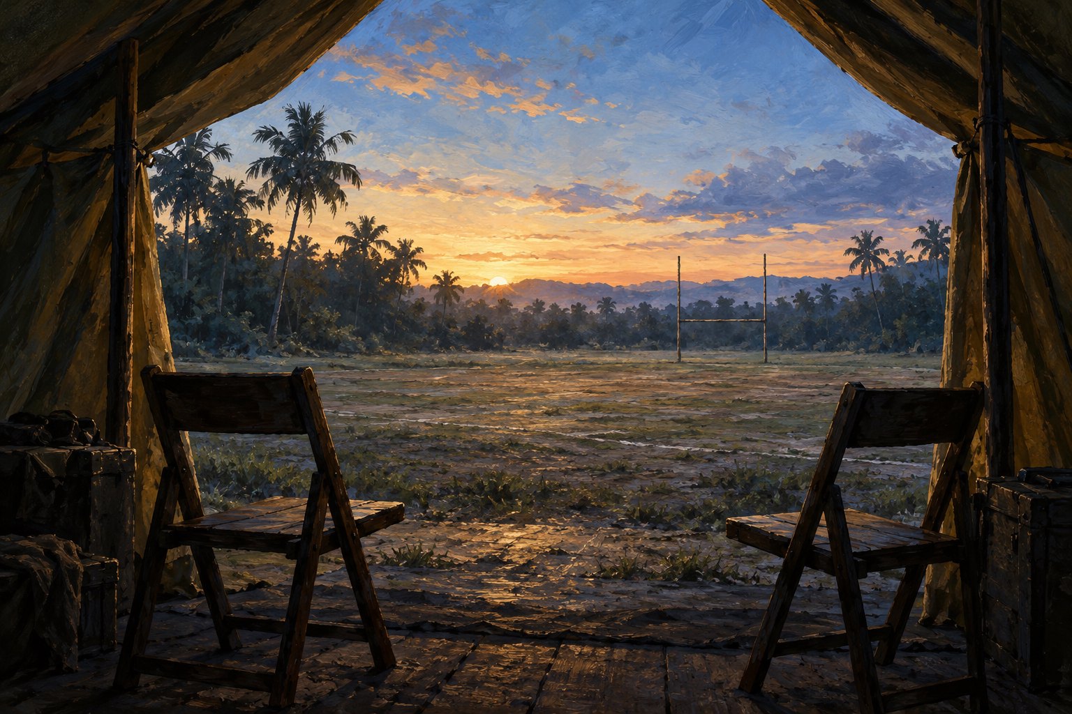Symbolic editorial painting of two empty wooden chairs inside a canvas tent overlooking a tropical football field at dawn.
