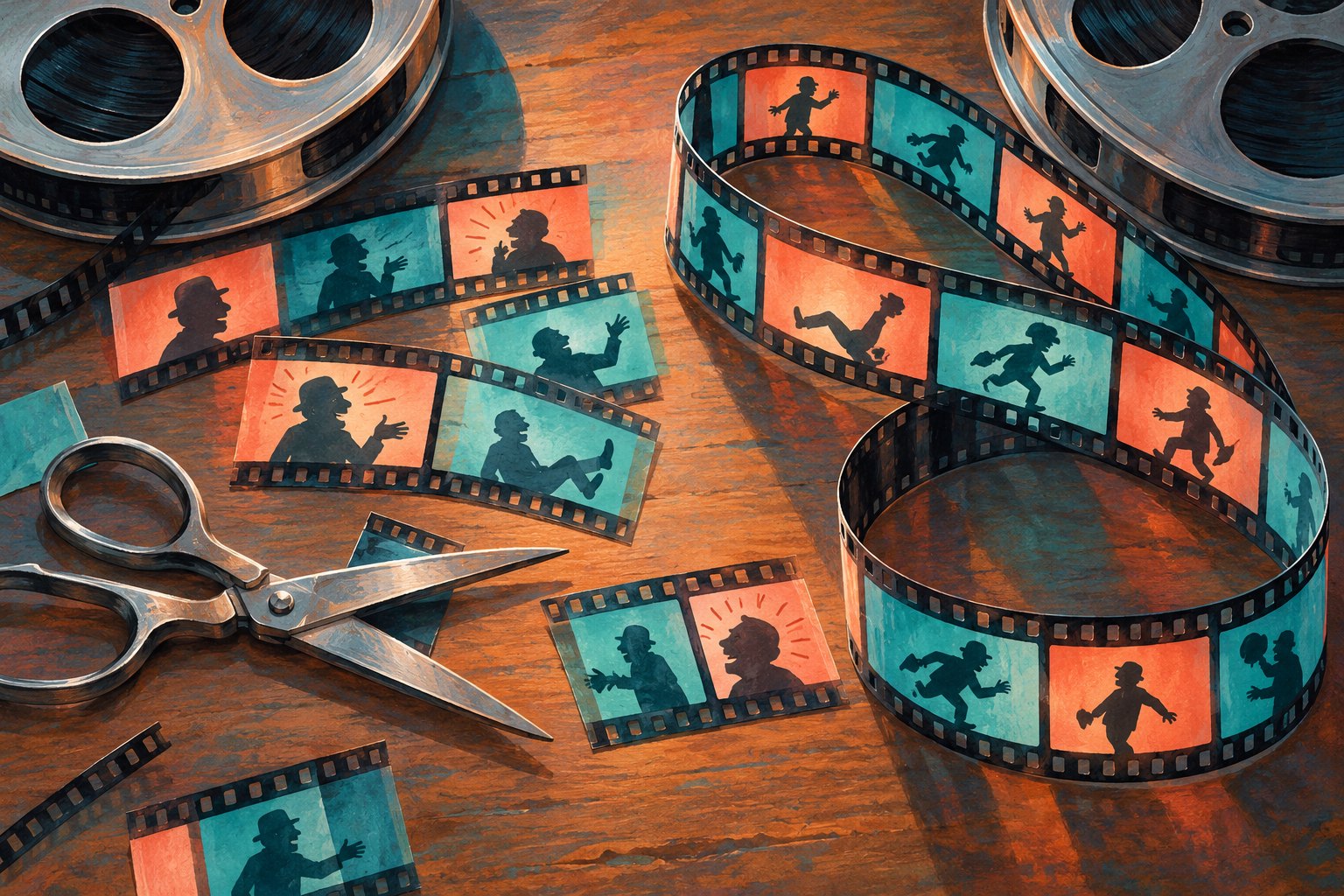 Conceptual illustration of short film strips, a continuous loop of film, scissors, and metal reels on an editor’s workbench.