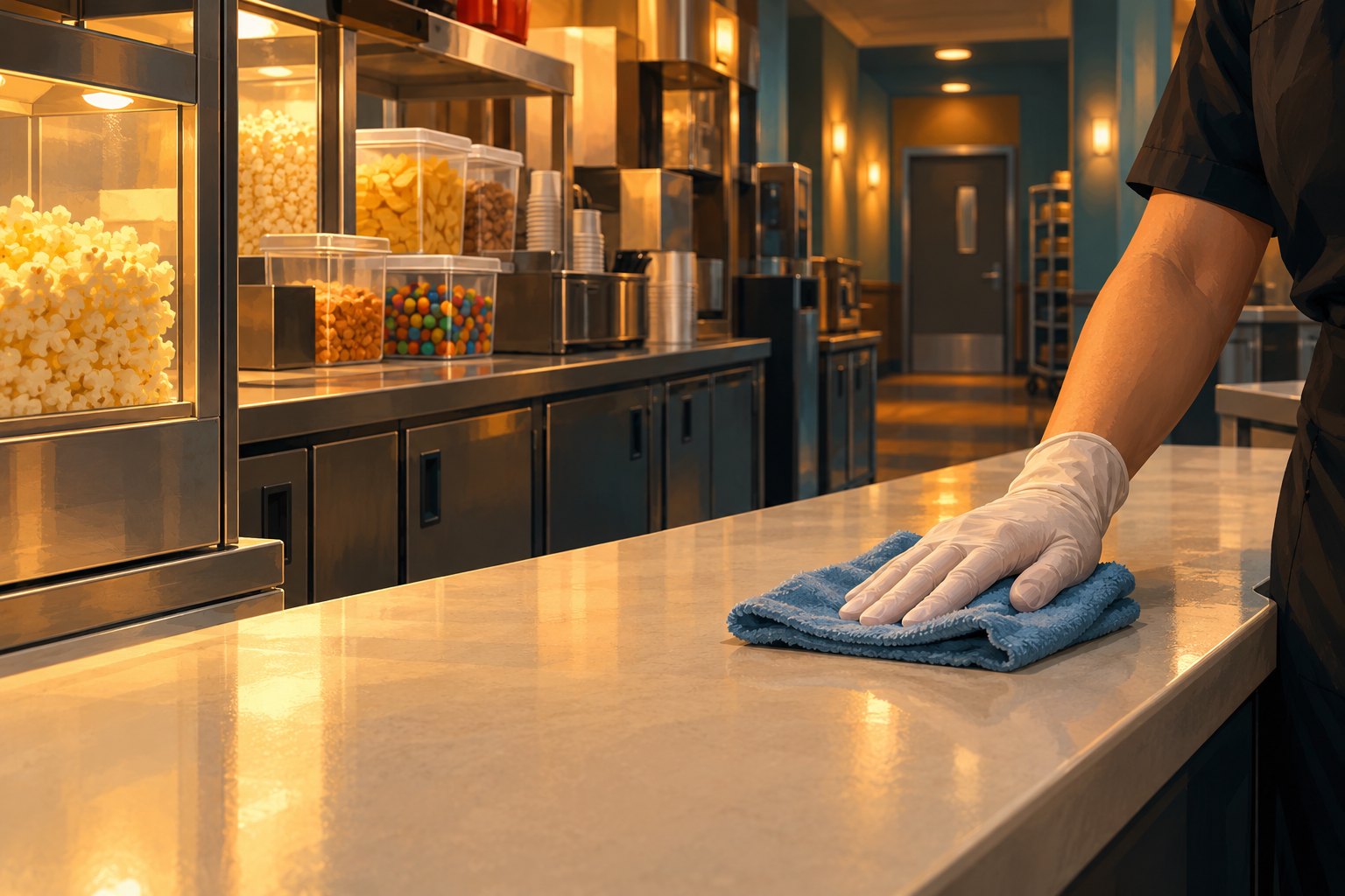 Editorial illustration of a gloved hand cleaning a generic cinema concession counter beside closed storage cabinets.