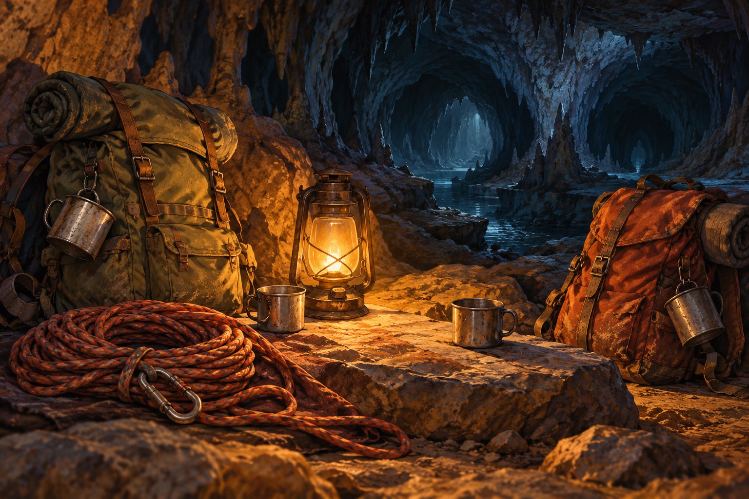 Conceptual illustration of two worn backpacks, climbing rope, metal cups, and a glowing lantern at an empty cave campsite.
