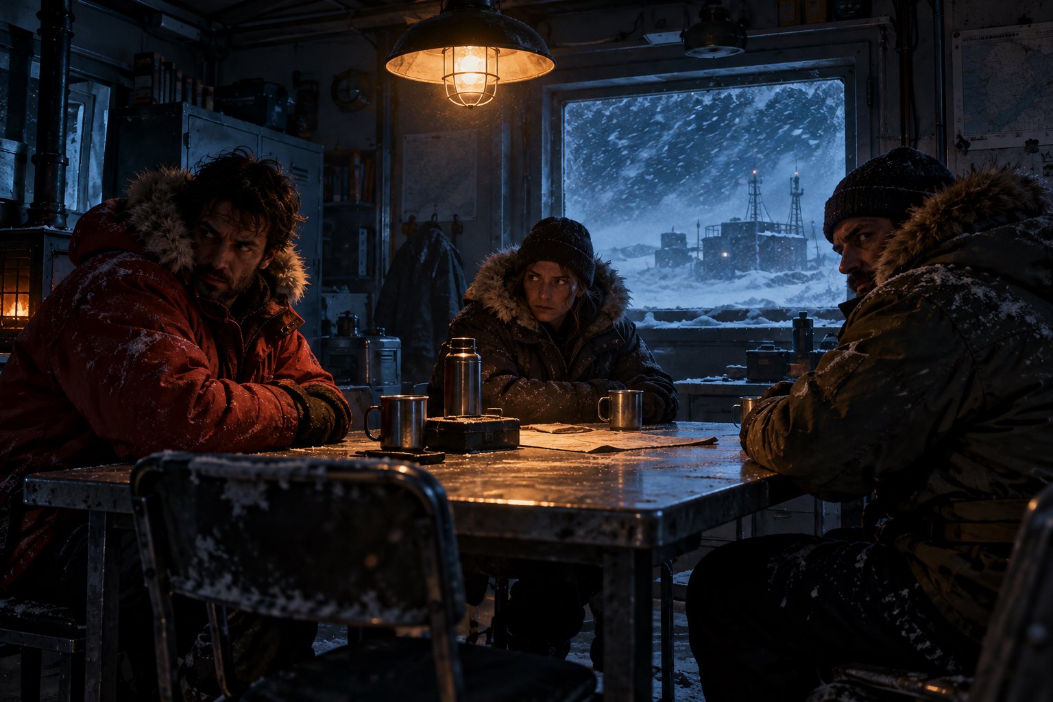An original illustration of three wary researchers around a metal table inside a polar station during a blizzard.