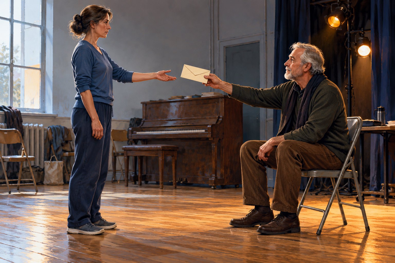 Conceptual illustration of a woman reaching toward an envelope held by a seated director in a sunlit theater rehearsal room.