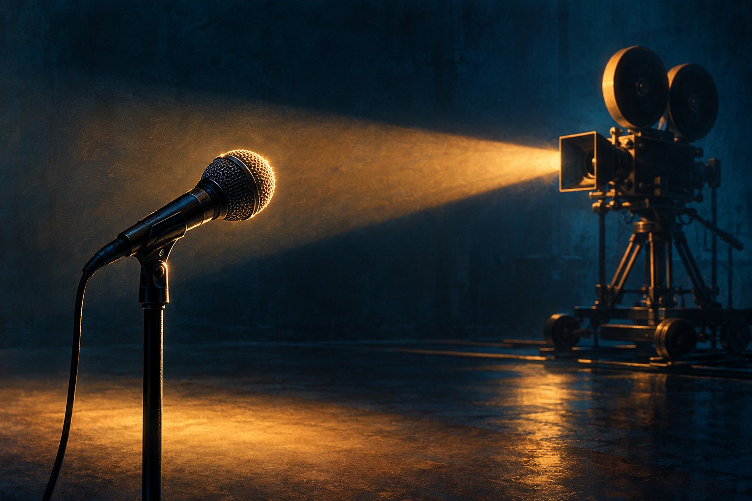 Conceptual illustration of a stage microphone and cinema camera connected by warm light in a dark blue studio.