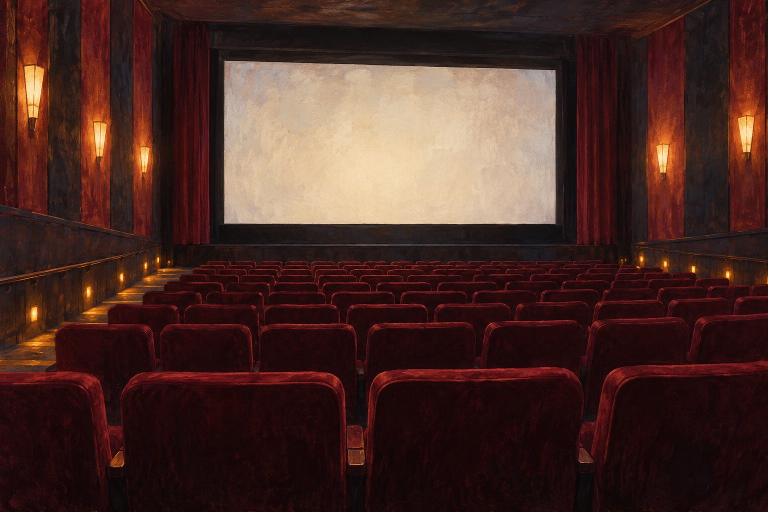 Conceptual illustration of an empty cinema auditorium with burgundy seats, a blank screen, and warm aisle lighting.
